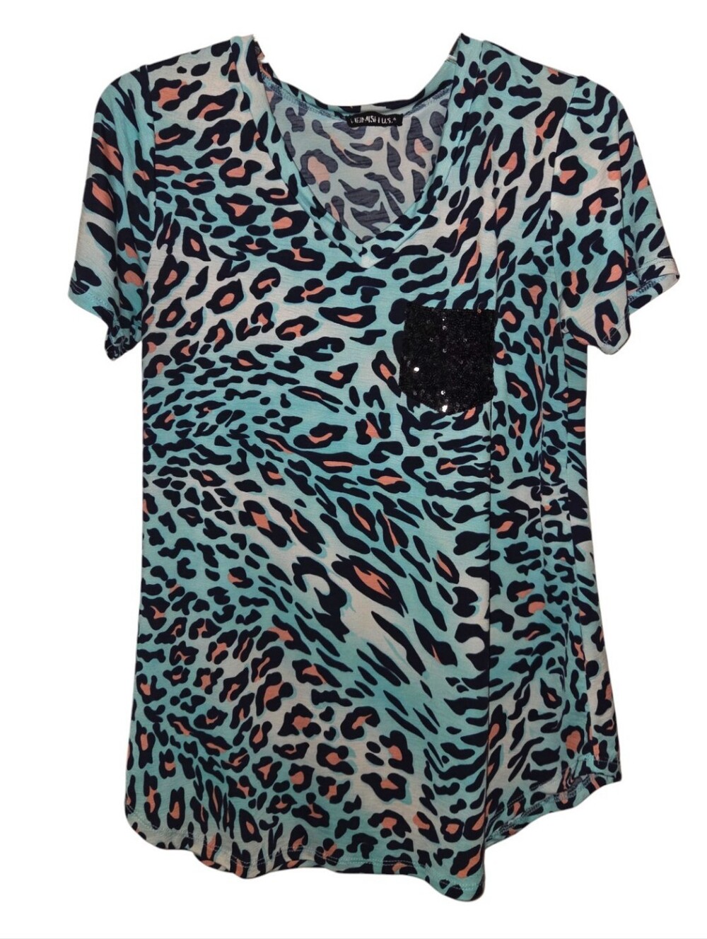Heimish Leopard Print Sparkle Pocket Stretch Blouse